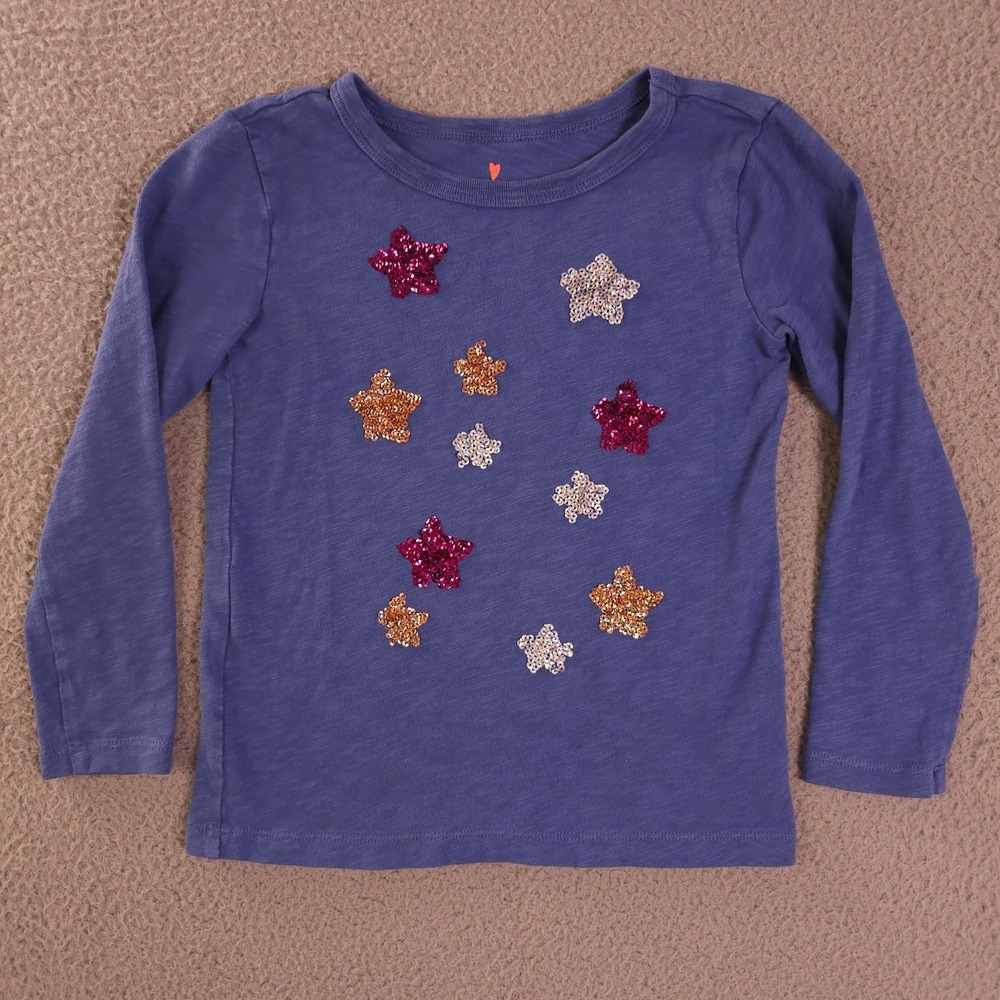 Crewcuts Shirt Girls XS 4-5 Blue Sequin Star Graphic Long Sleeve Tee J Crew